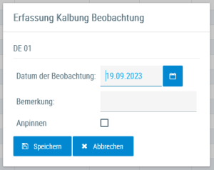 Beispielansicht "Erfassung Kalbung Beobachtung"