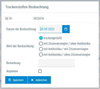 Beispielansicht "Trockenstellen Beobachtung"