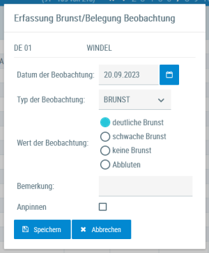 Beispielansicht "Erfassung Brunst/Belegung Beobachtung"