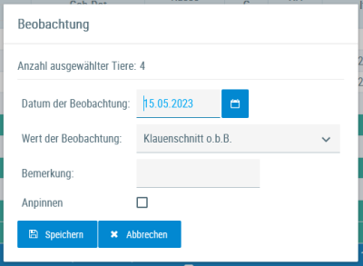 Beispielansicht "Beobachtung für mehrere Tiere erfassen"