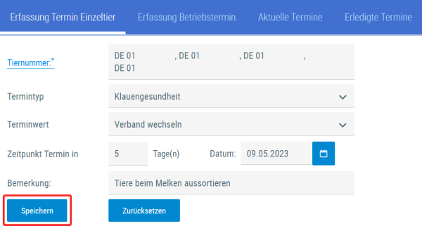 Beispielansicht "Erfassung Termin Einzeltier"