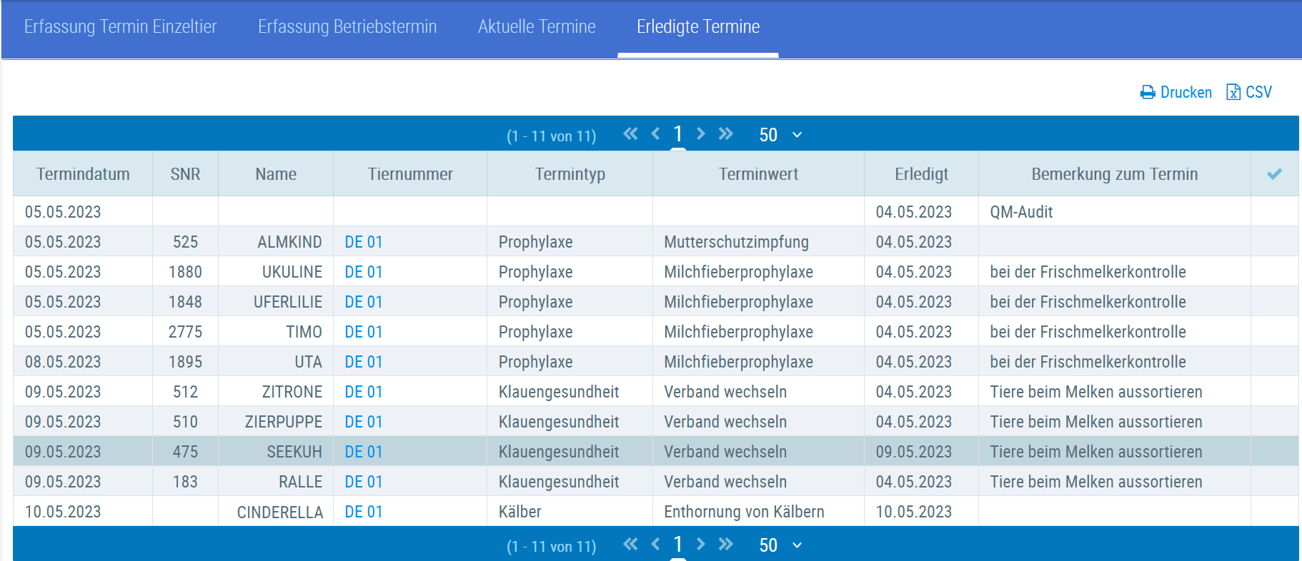 Beispielansicht "Erledigte Termine"
