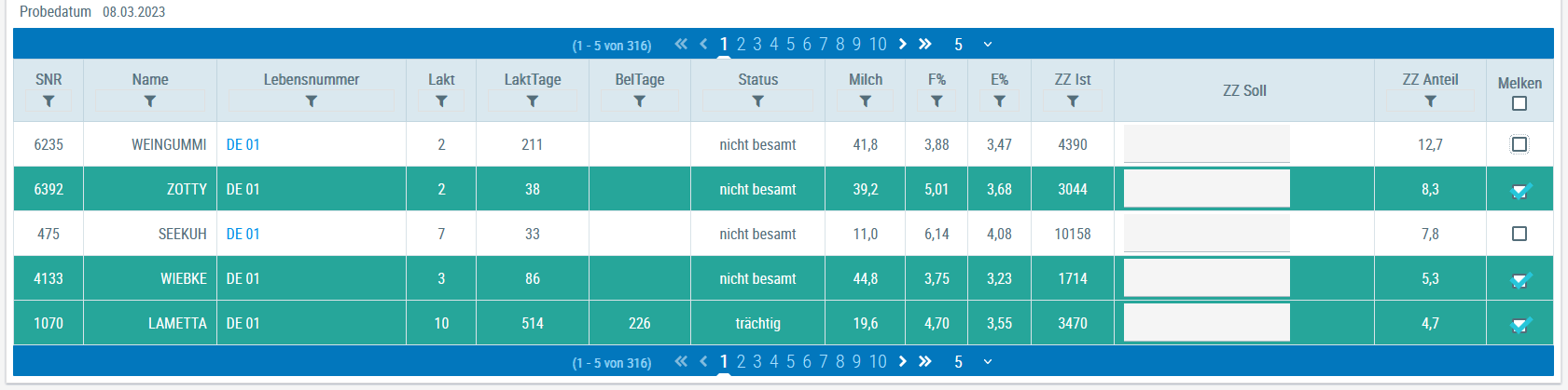 Beispielansicht "Milchkühe auswählen"