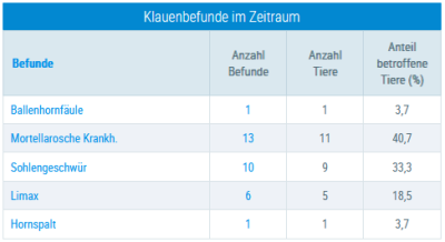 Beispielansicht "Klauenbefunde im Zeitraum"